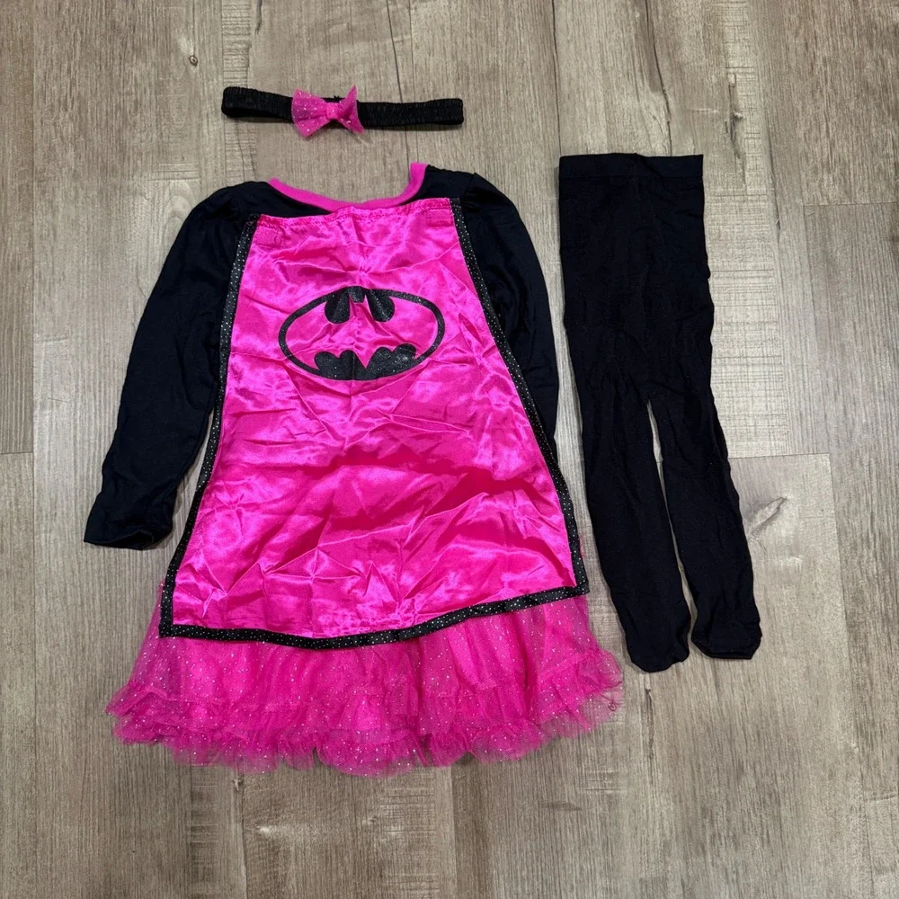 Batman Batgirl Costume Dress Set Girl 4T Cape Headband Tights Glitter Pink Black